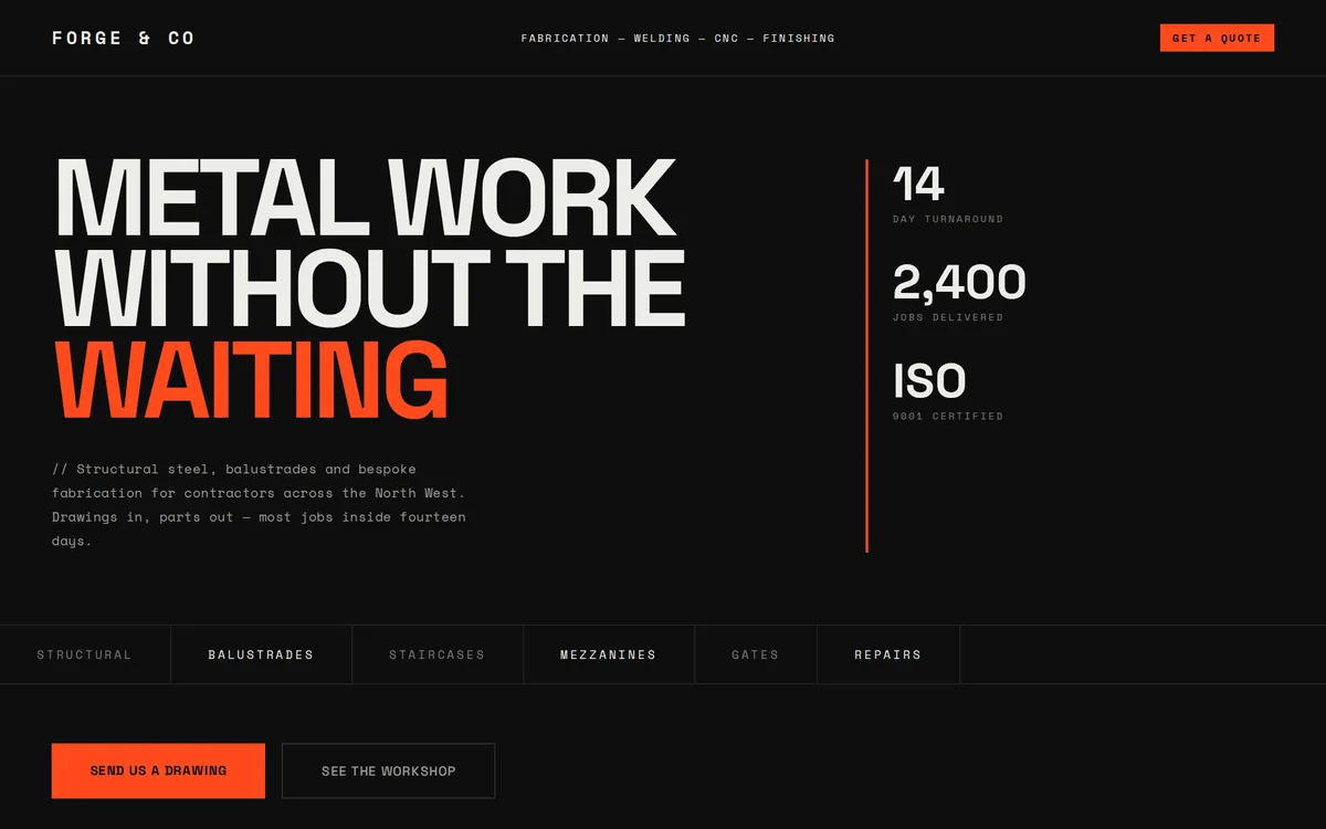 Concept homepage for Forge & Co (fabrication)